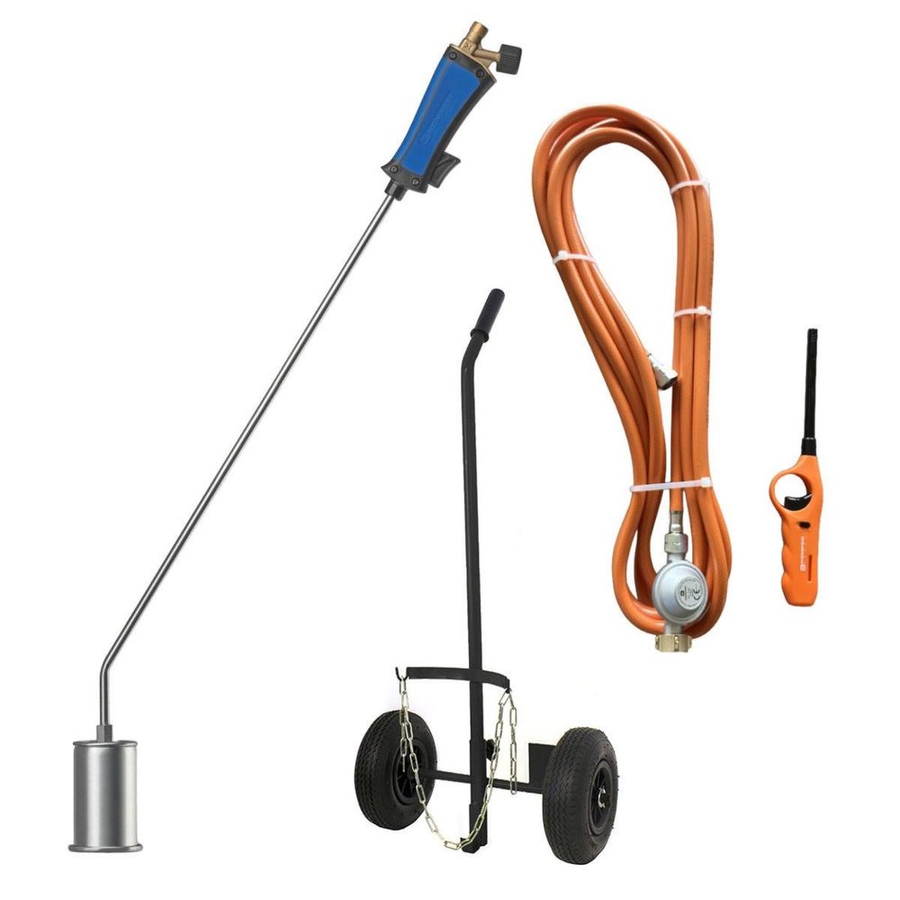 Kemper Desherbeur thermique + tuyau gaz 5m, détendeur propane, allume gaz & chariot à roues - bruleur gaz 60mm mauvaises herbes kemper