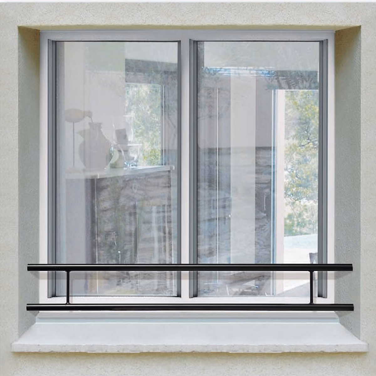 Barre d appui 2 lisses – Fenêtre 140 cm cote tableau, acier rectangulaire 20 × 40 mm , prépeinte noir , fixation par scellement