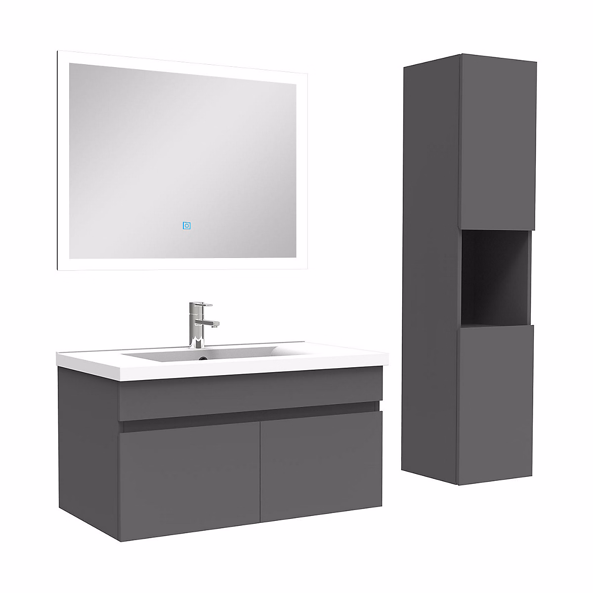 Ensemble meuble de salle de bains – Ensemble meuble Salle de Bain 80cm avec vasque + colonne + miroir lumineux dimmable anthracite