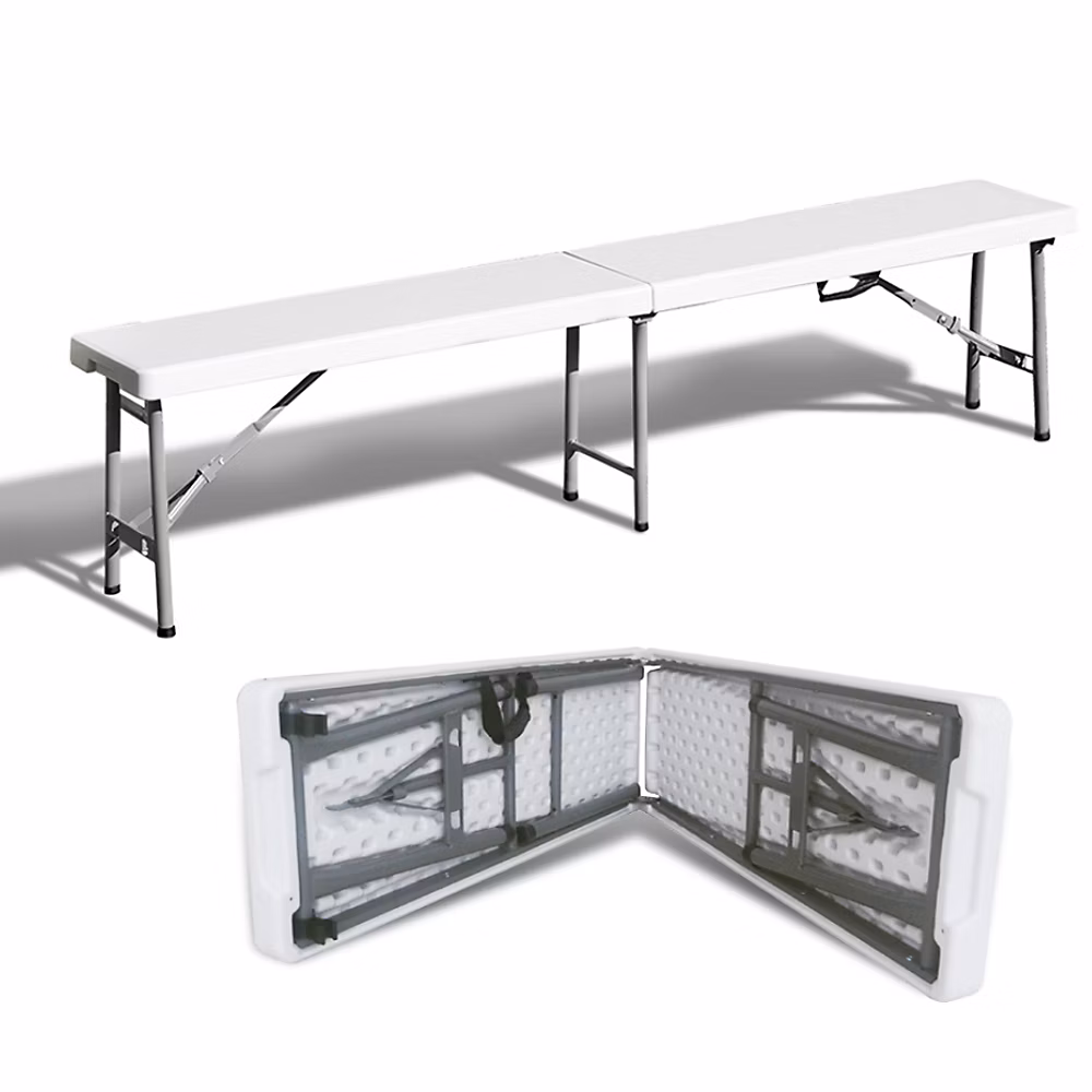 Banc de jardin pliant en plastique blanc 183 cm avec poignee – pieds acier, 4 places, charge 400 kg