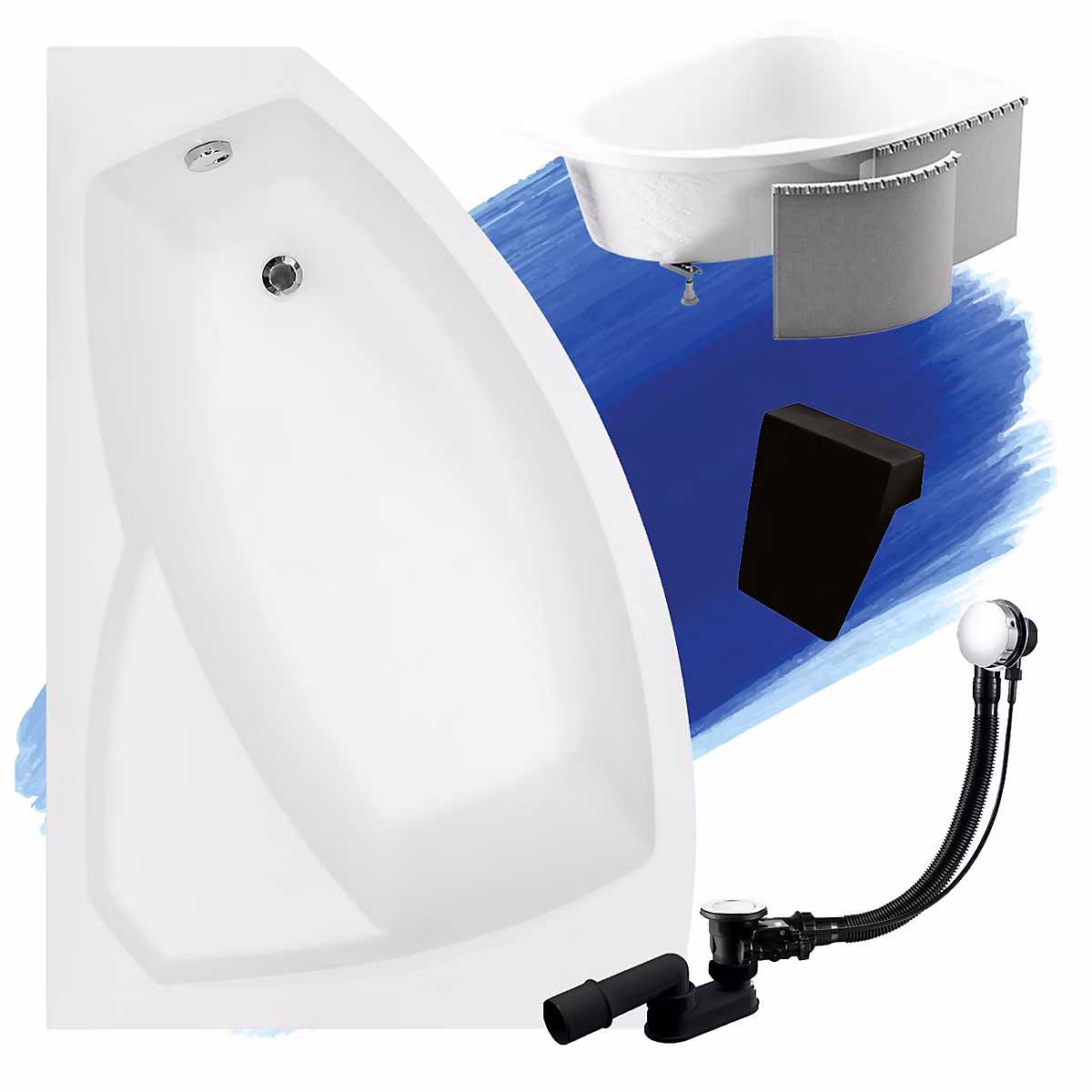 Baignoire asymétrique 150 x 95 Gauche RIMA acrylique blanc + Habillage en polystyrène + Repose Tête + Pieds + Vidage à chromé | Baignoire