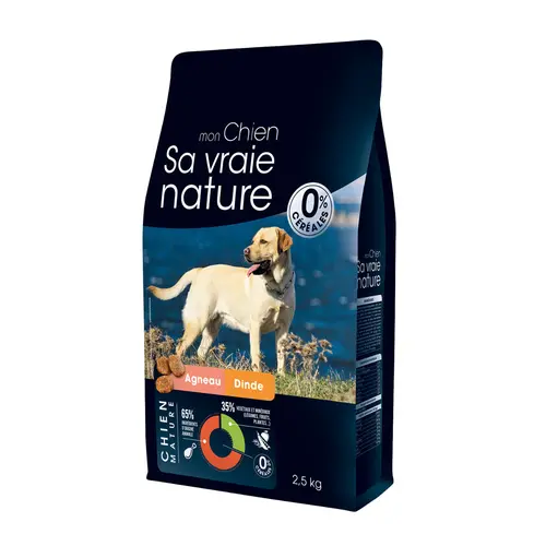 Facile à intégrer à l’extérieur：Croquettes sans céréales pour chien mature à l'agneau et à la dinde Sa Vraie Nature - 2,5 kg