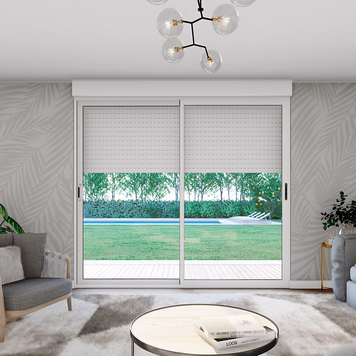Baie vitrée coulissante aluminium blanc volet roulant radio fréquence 215 × 240 cm – Uw 1,7