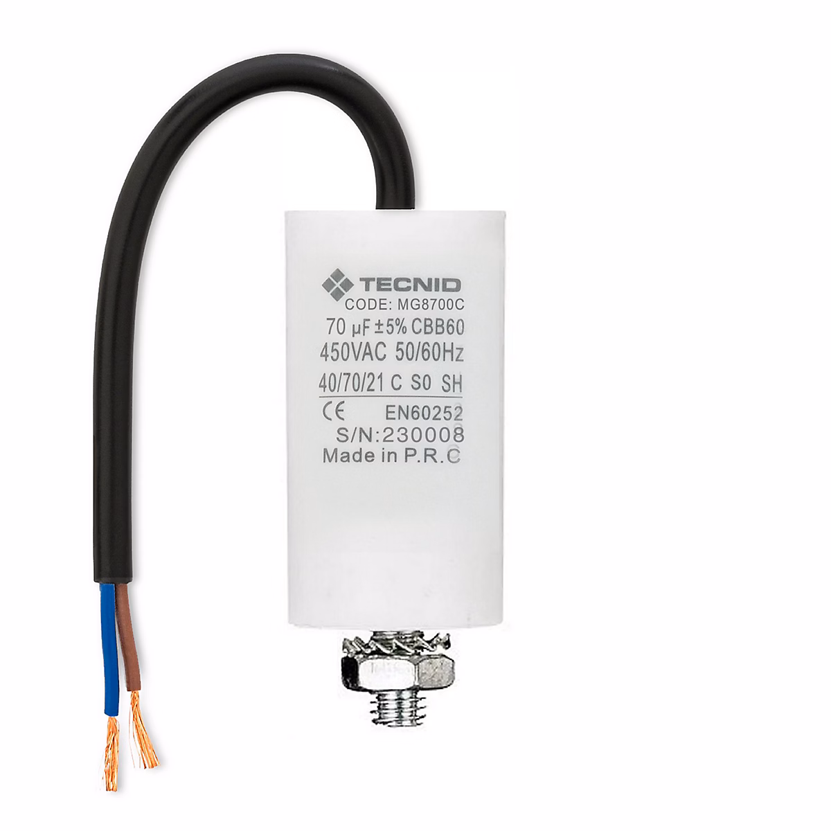 Condensateur de démarrage pour moteurs électriques – 450V, capacité : 70 microfarad, avec câble de 15cm