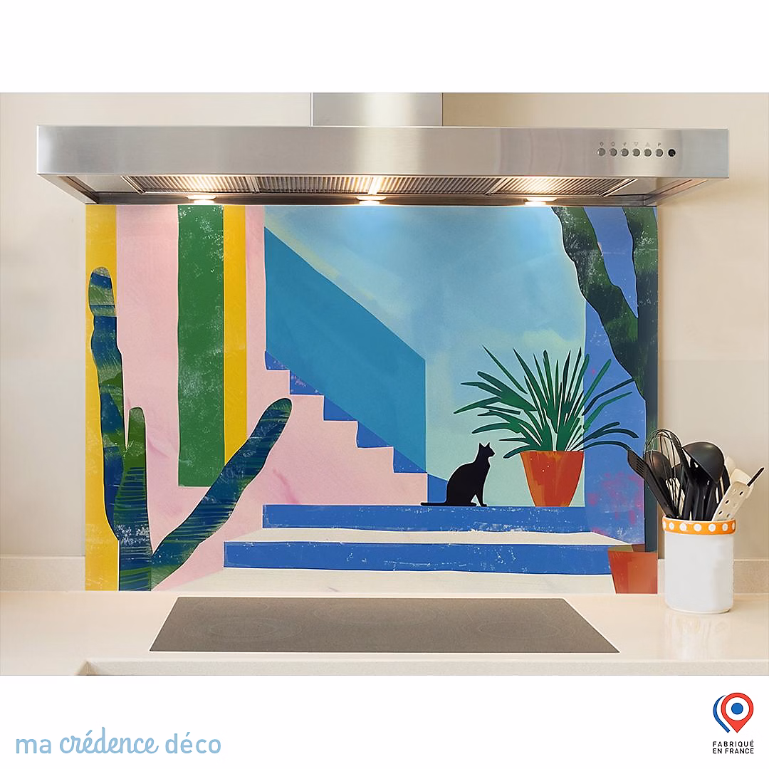 Crédence cuisine fond de hotteChat – cactus et couleurs, Peinture, Verre trempé, L 60 cm x H 45 cm, MaCrédenceDéco