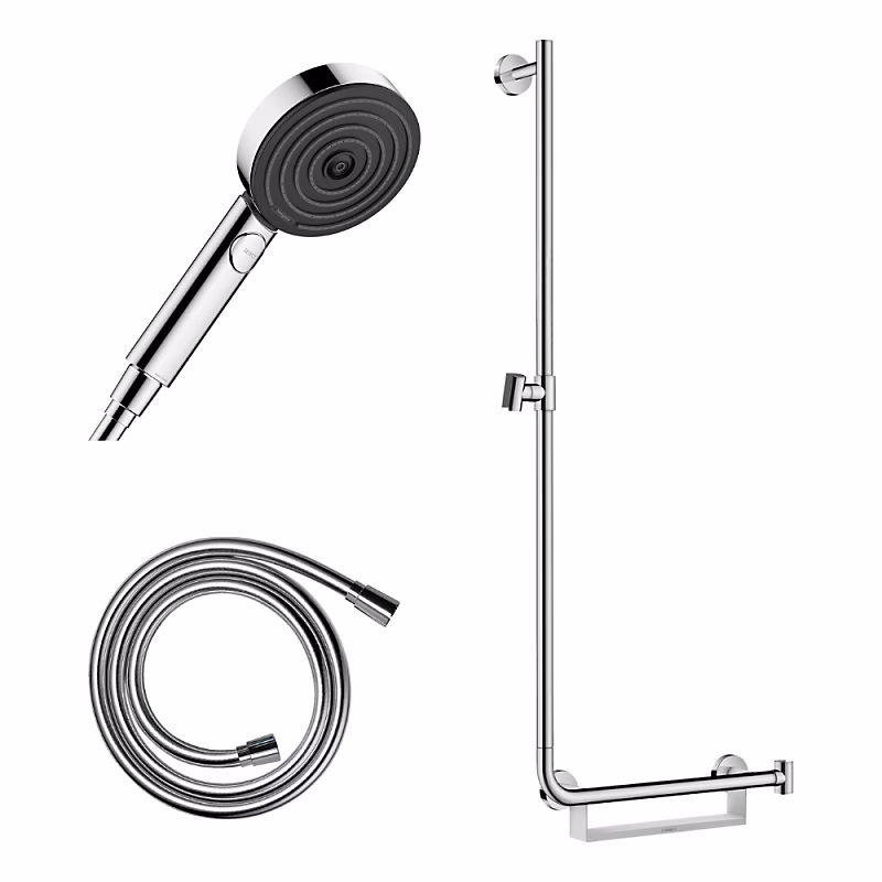 Barre de douche PMR HANSGROHE Unica 110 avec poignée à droite Chromé + Pommeau de douche Pulsify 3 jets + flexible Isiflex 160cm – Réf. AVWRSSKKI8128291712