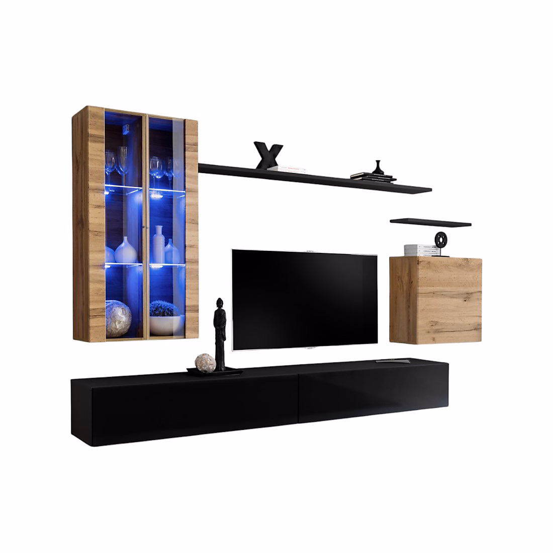 Composition murale SWITCH XII Meubles TV – vitrines LED, cube et étagères Noir brillant et chene Wotan Design moderne