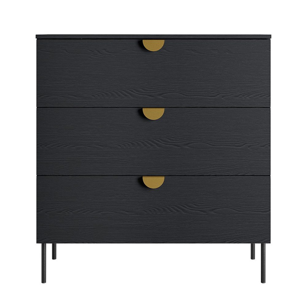 Commode MONDO Noir structuré et doré 3 tiroirs Pieds métal Design moderne et fonctionnel – Réf. IAFSJSVNU0077519058