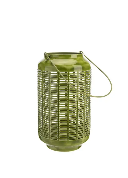 Conçu pour le jardin:Lanterne en métal émaillé décor lignes coloris vert - 15,5 x 23 x 27 cm