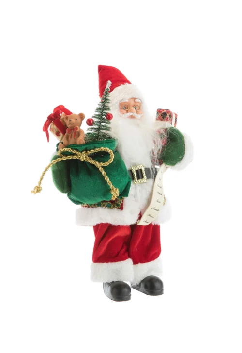 Pour un jardin plus pratique:Père Noël traditionnel en tissu rouge et vert avec cadeaux - 30 cm