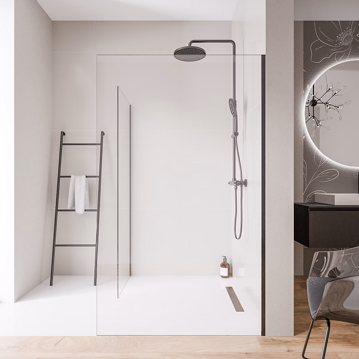 2 Parois de douche italienne d'angle 110 × 200cm + 110cm – verre NANO 10mm, profilé mural inox noir mat, sans profilé sol, EX102