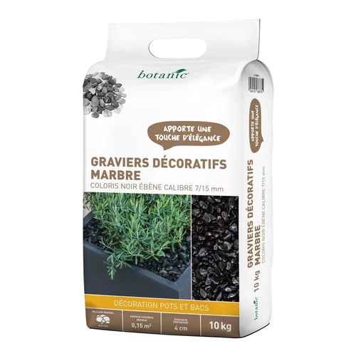 Côté végétal：Graviers décoratifs de marbre noir ébène 7 à 15 mm en sac de 10 kg
