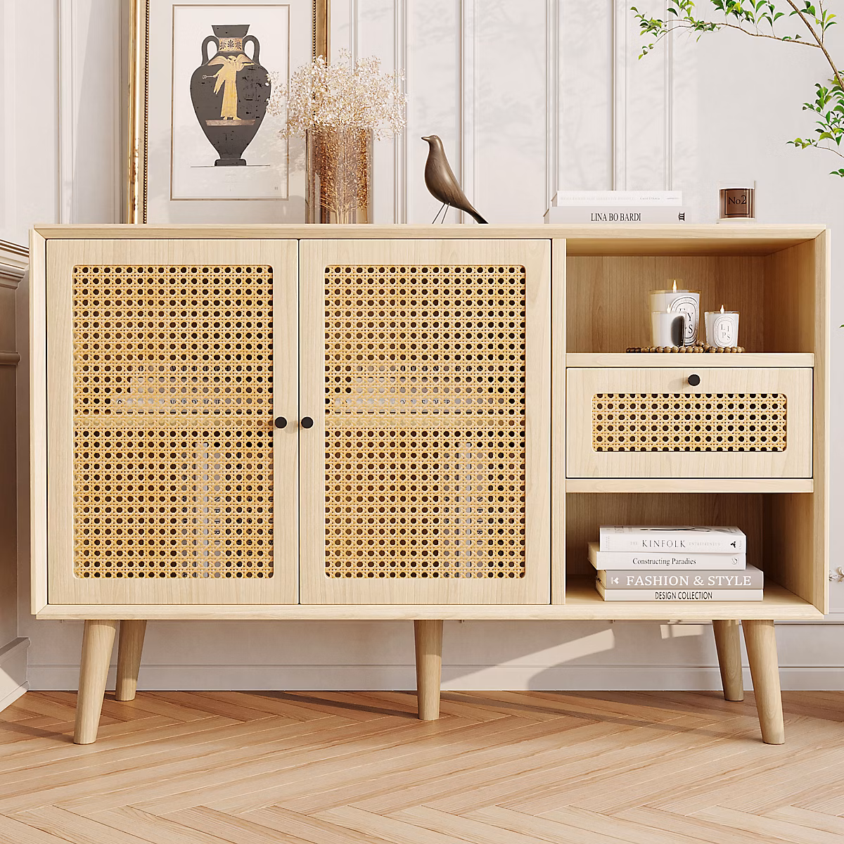Buffet Moderne en Bois avec 1 Tiroir et 2 Portes – Cannage en Rotin, Poignées Dorées et Étagères Réglables, 120 × 40 × 80 cm, Chêne