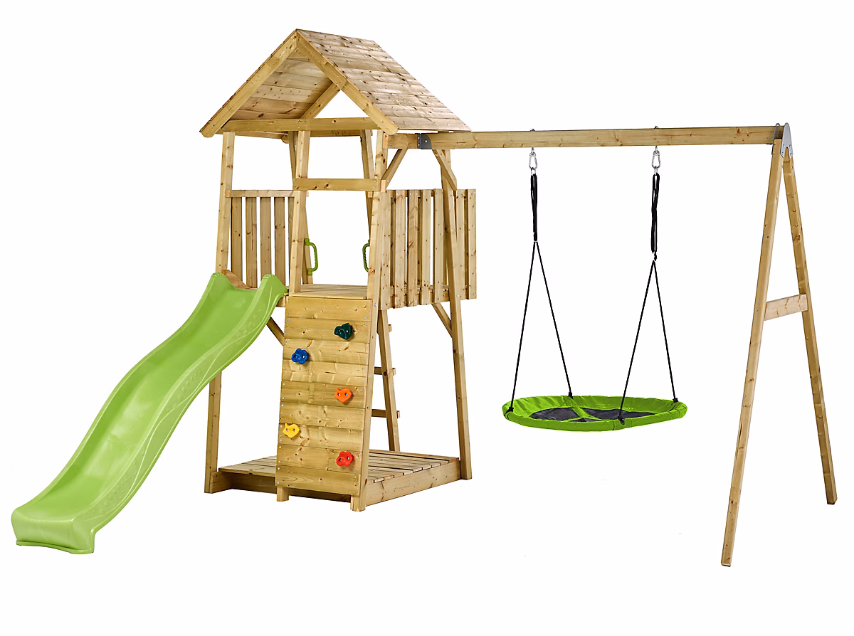 Aire de jeux bois – 2 balançoires, nid, toboggan, escalade, bac à sable WOODI