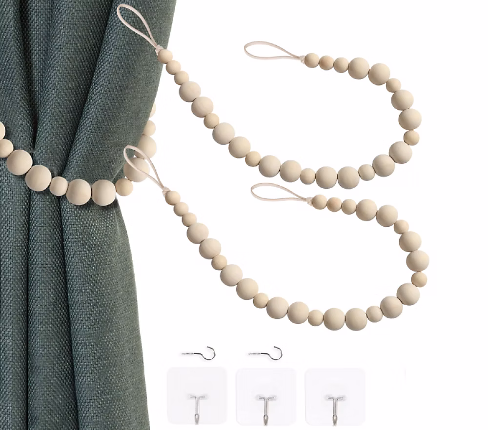 BASHLWUA Lot de 2 boucles de rideau bohème (couleur bois) – attaches de rideau, crochets de rideau, pour mur, ferme, fenêtre, cham