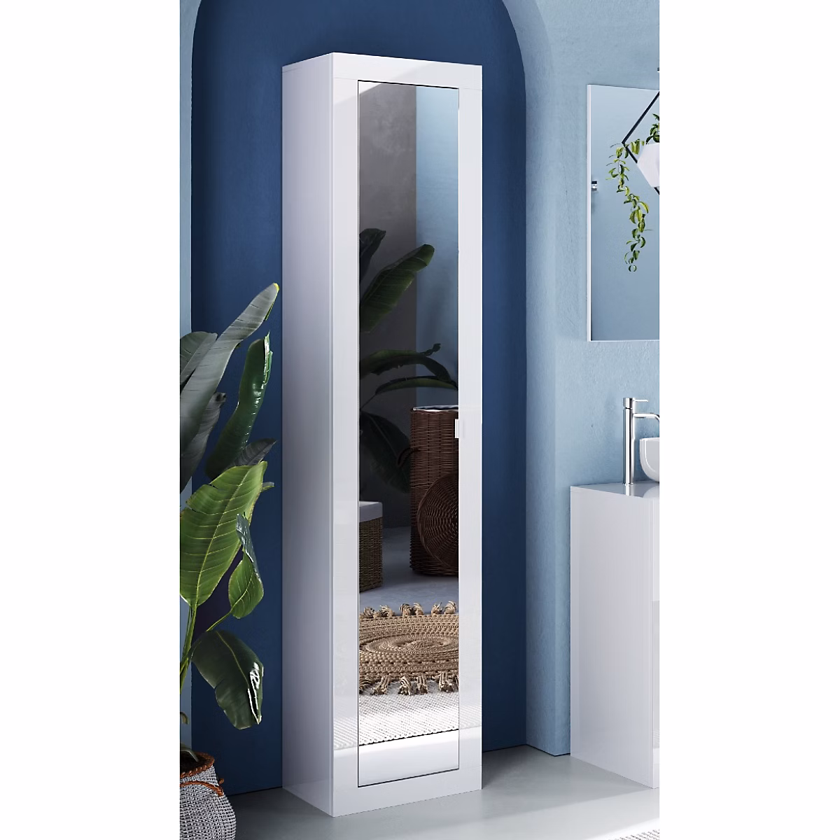 Meuble de salle de bains – Colonne de salle de bain 1 porte miroir laqué blanc H195cm CALIA