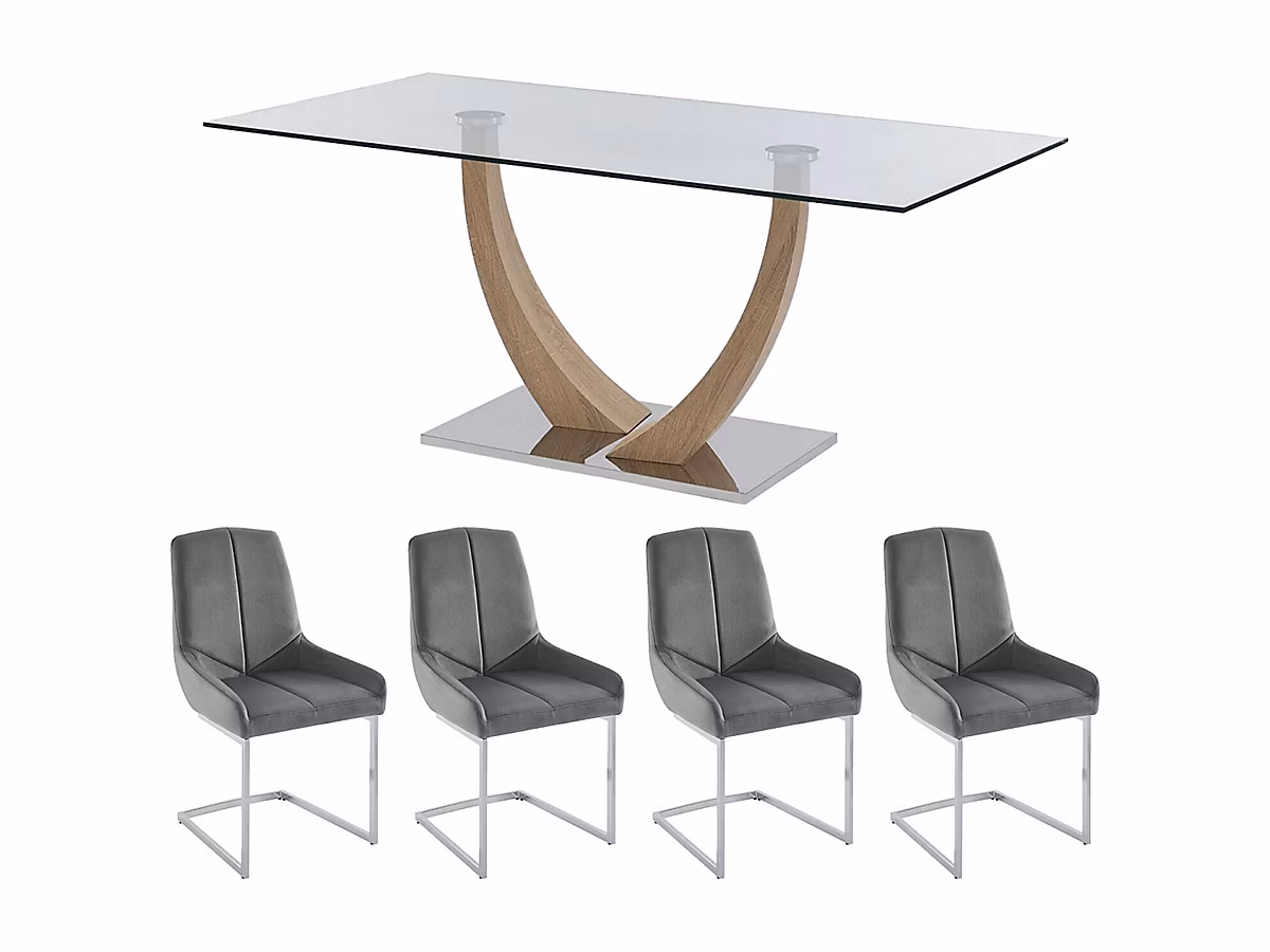 Ensemble table MELODIE II + 4 chaises BERLONA – Transparent et gris