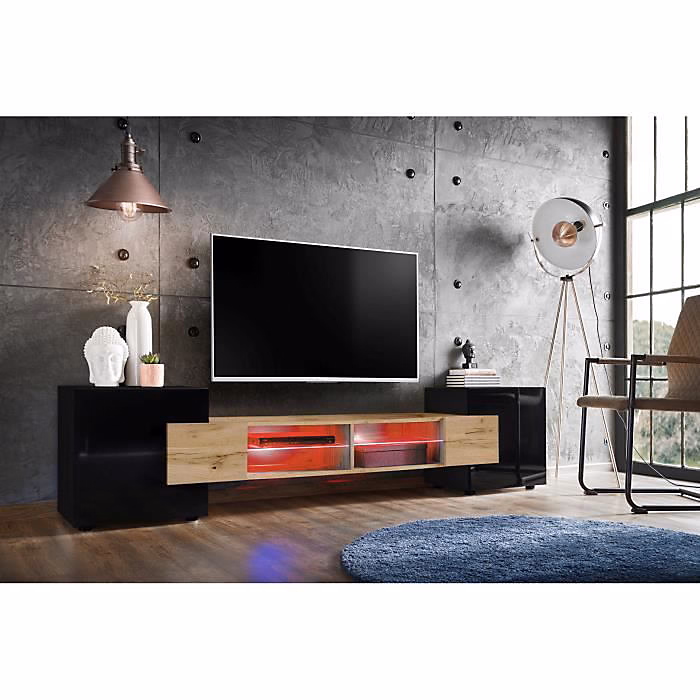Banc TV Merano Version 1 Komodee – avec eclairage LED RGB, Noir et Bois Naturel, 230 × 53 × 35 cm