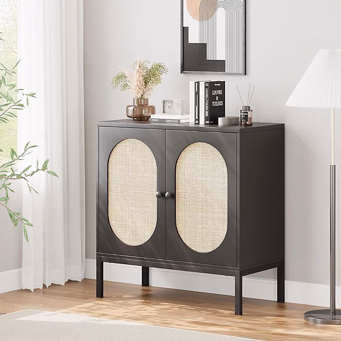 Buffet de cuisine – PROMIRACAL, PROMIRACAL, MDF & rotin, 80 × 40 × 83 cm, 2 portes, étagères réglables