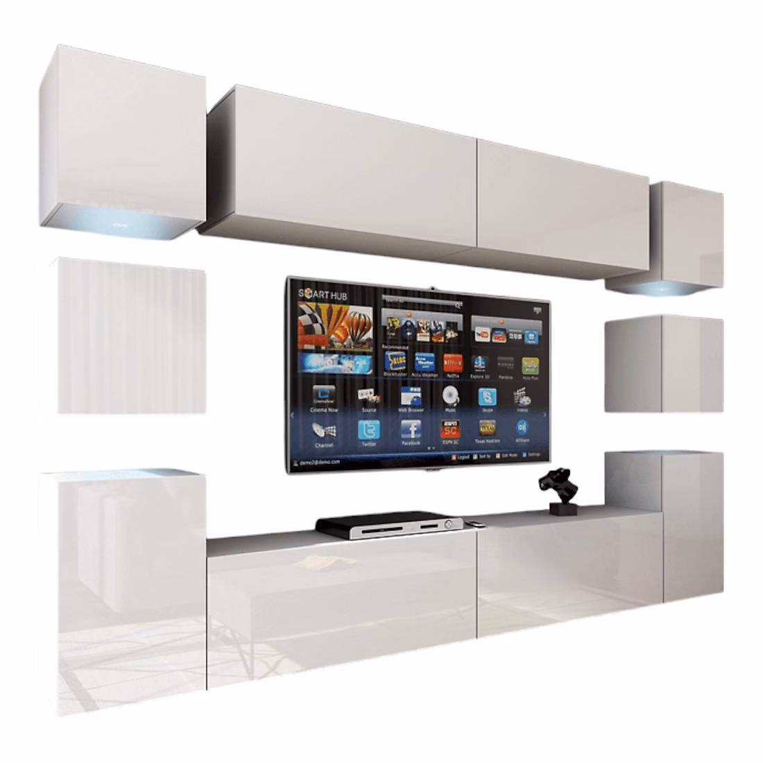 Ensemble de meubles de salon blanc suspendus collection CEPTO XIV. 256cm – 10 meubles, 10 portes, leds