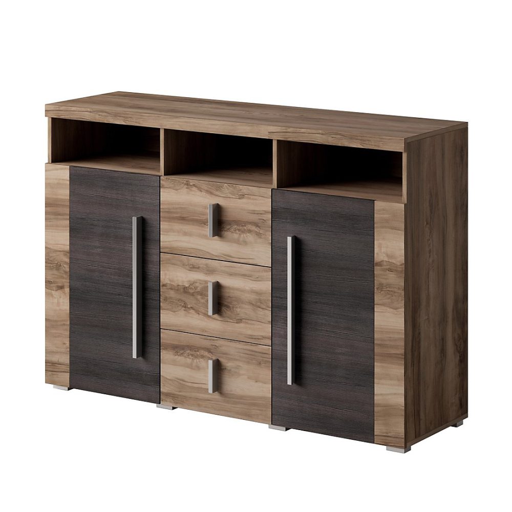 Meuble – Buffet BRAZZA 2 portes 3 tiroirs Coloris noyer satin Niches ouvertes 132 cm