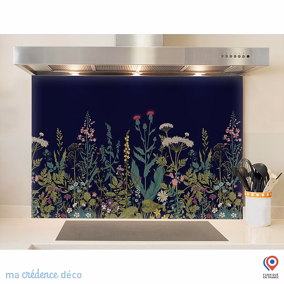 Crédence cuisine fond de hotte fleurs sauvages et colorées noir – Verre trempé | L 90 cm x H 60 cm | MaCrédenceDéco