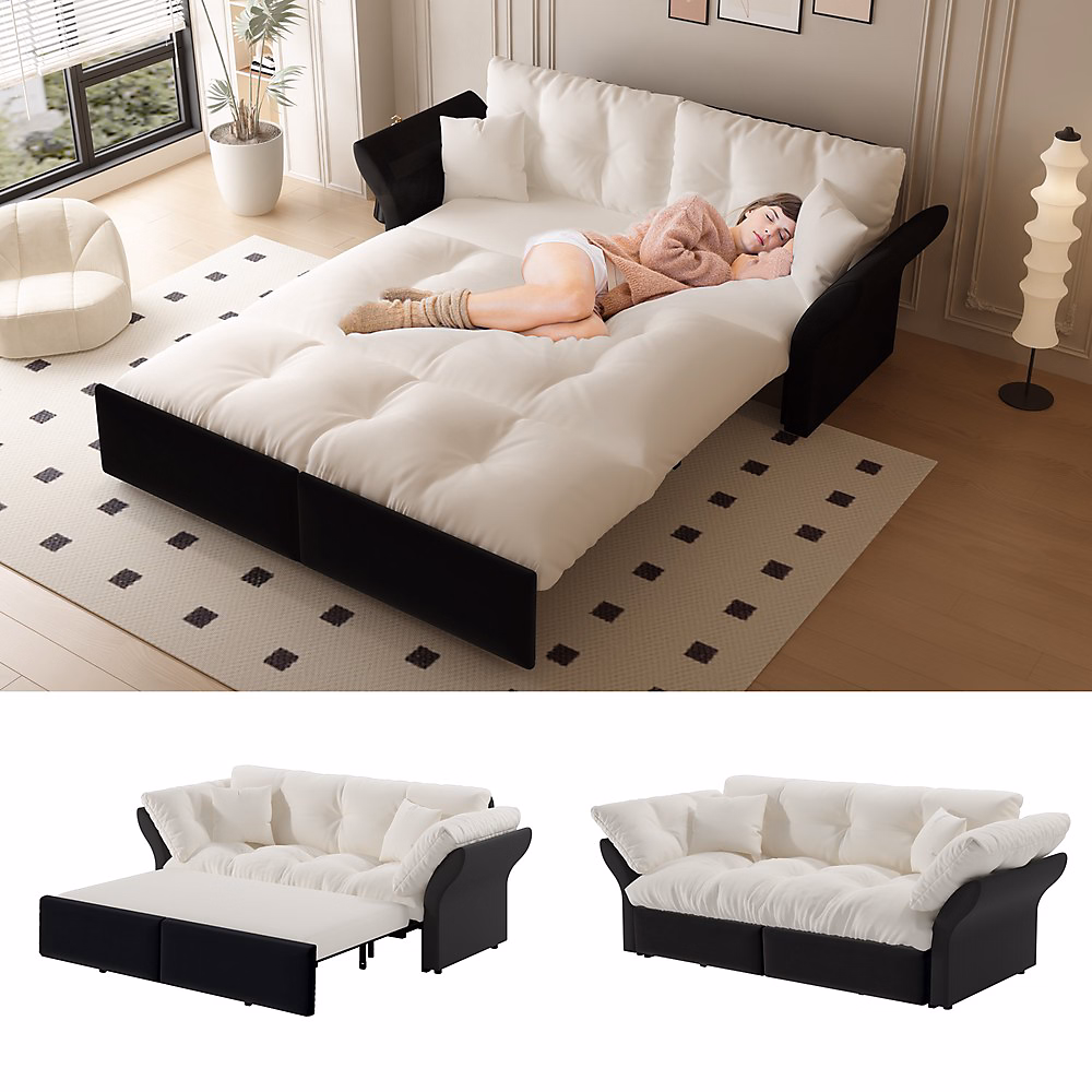 Canapé | lit convertible 190 cm – beige/blanc – 3 en 1 – tufté avec 2 coussins
