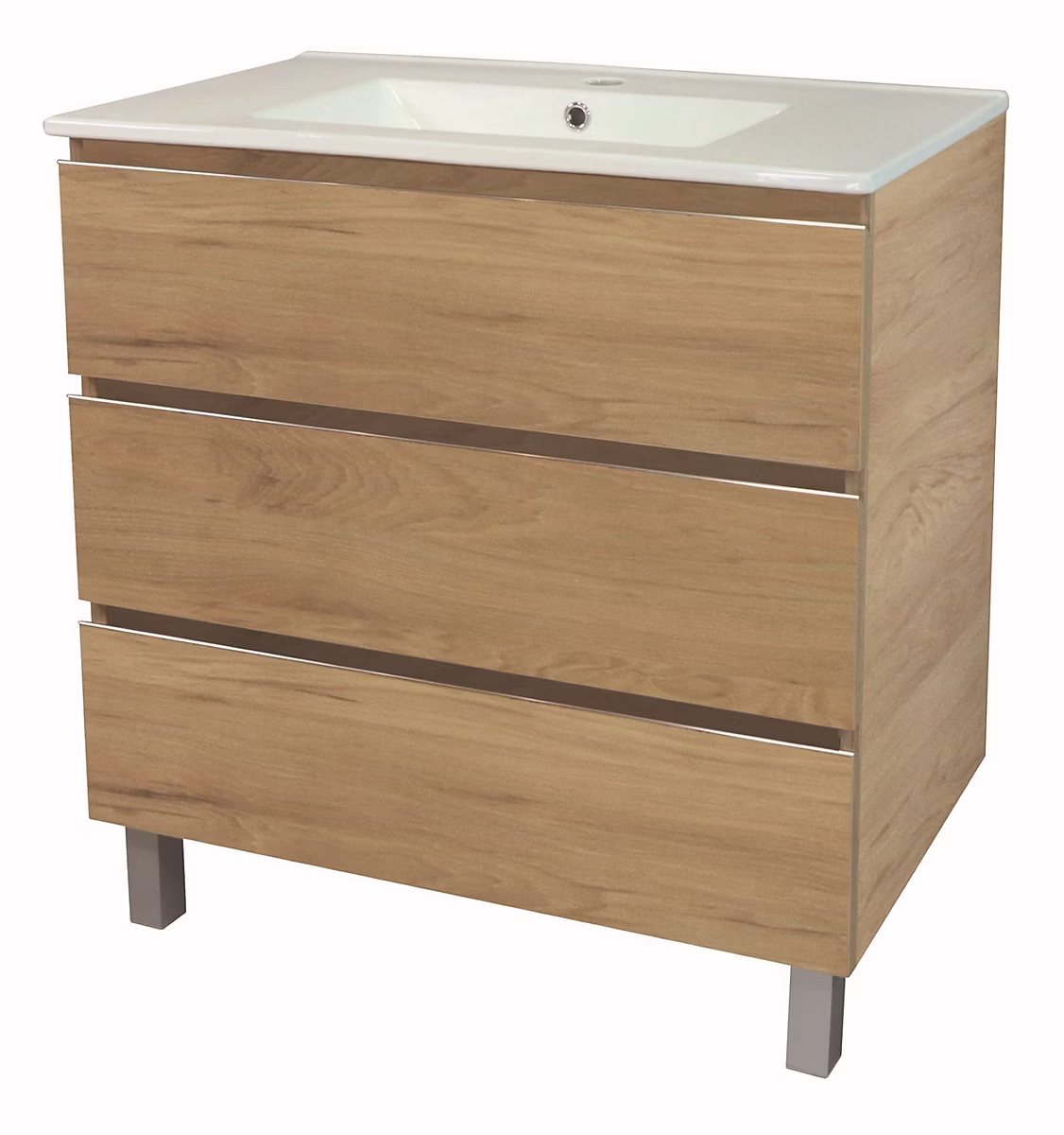 Meuble sous vasque à poser 3 tiroirs l.81 – 5 cm avec plan vasque céramique, effet bois, Ondee Trendy