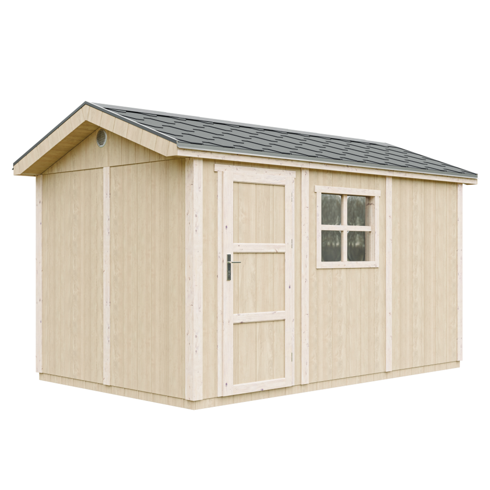 TIMBELA Abri de Jardin Qualité Premium 8,68m² H252x250x412 cm Avec un sol et des bardeaux bitumineux M914