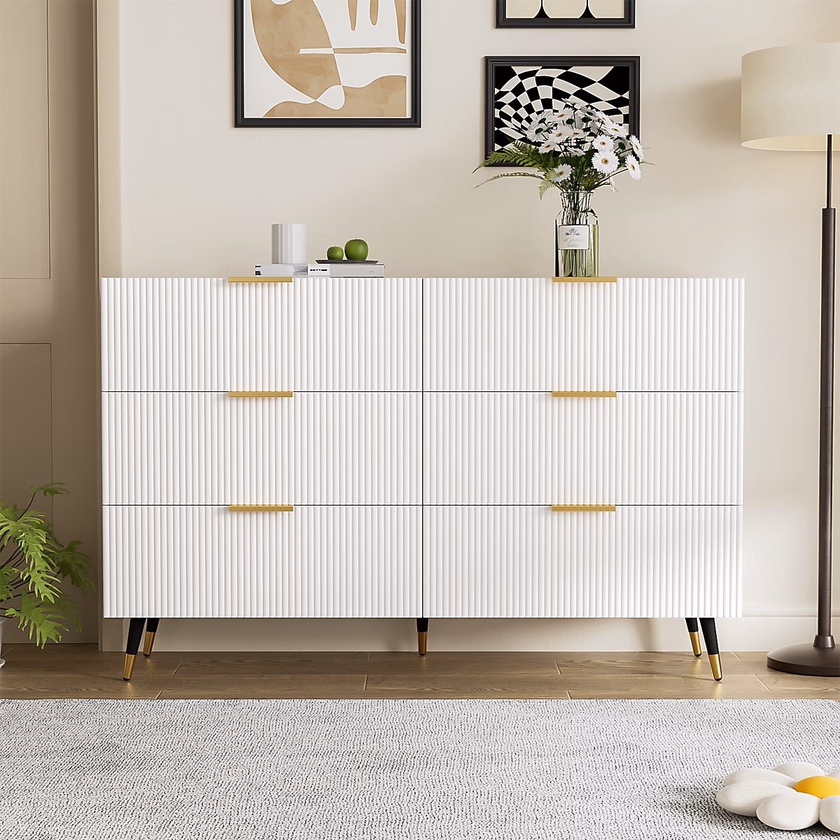 Buffet 120 cm blanc et or avec 6 tiroirs – Réf. BCAXJSPHF0217183187