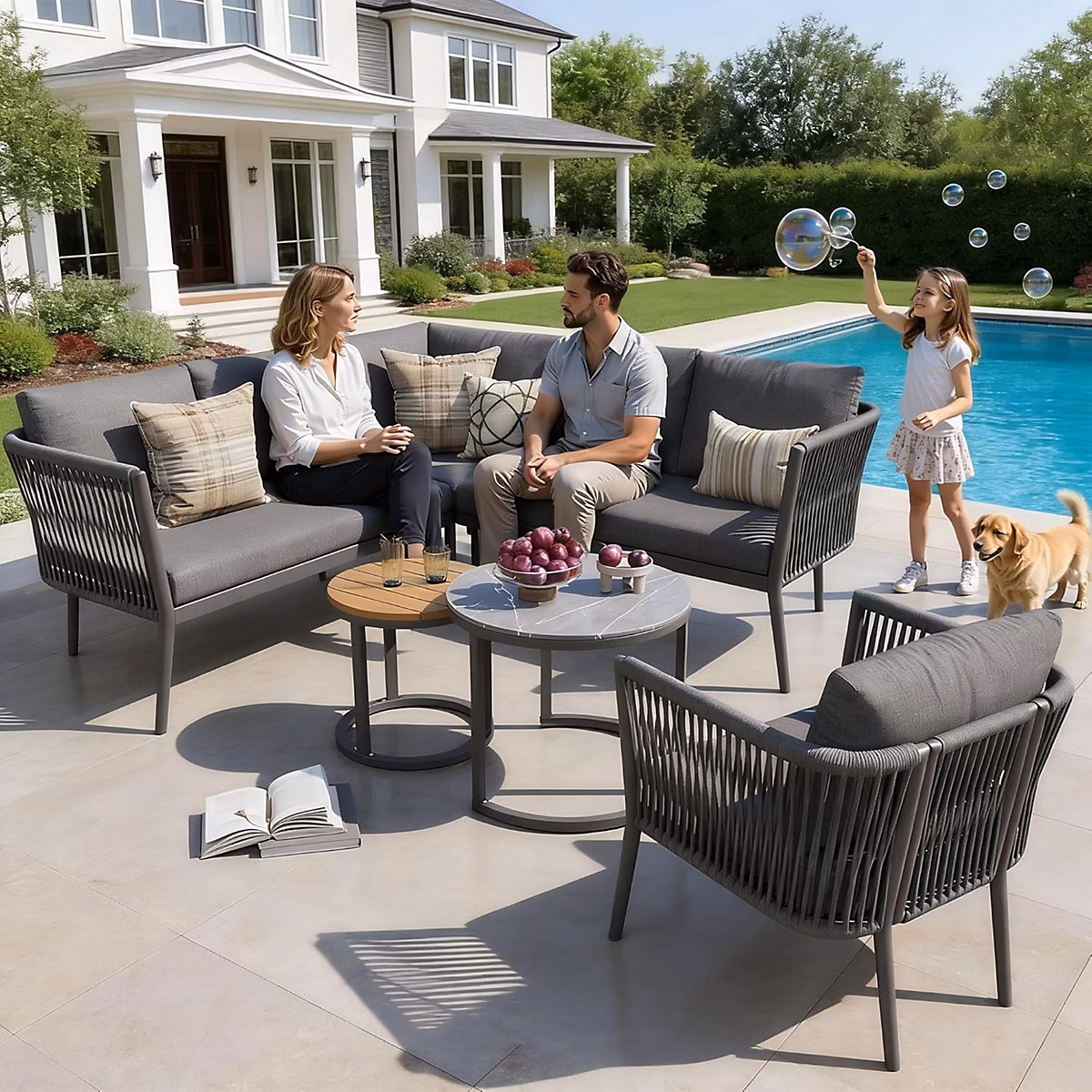 Ensemble salon de jardin en corde pour 5 à 6 personnes – canapé d'angle extérieur modulable avec banc imperméable et coussins,Gris