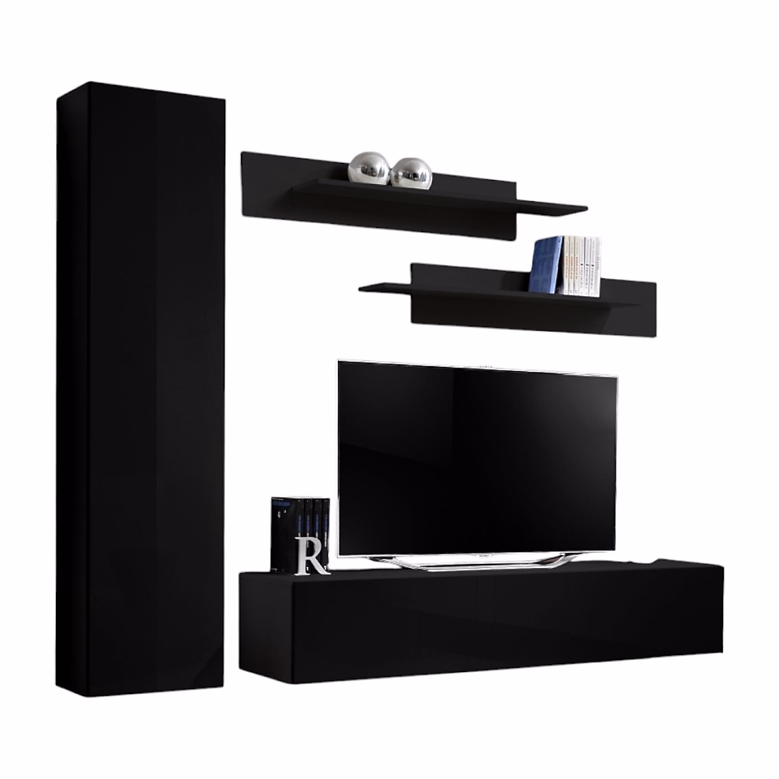 Composition murale FLY G1 Meuble TV suspendu – colonne et étagères Noir brillant Design moderne
