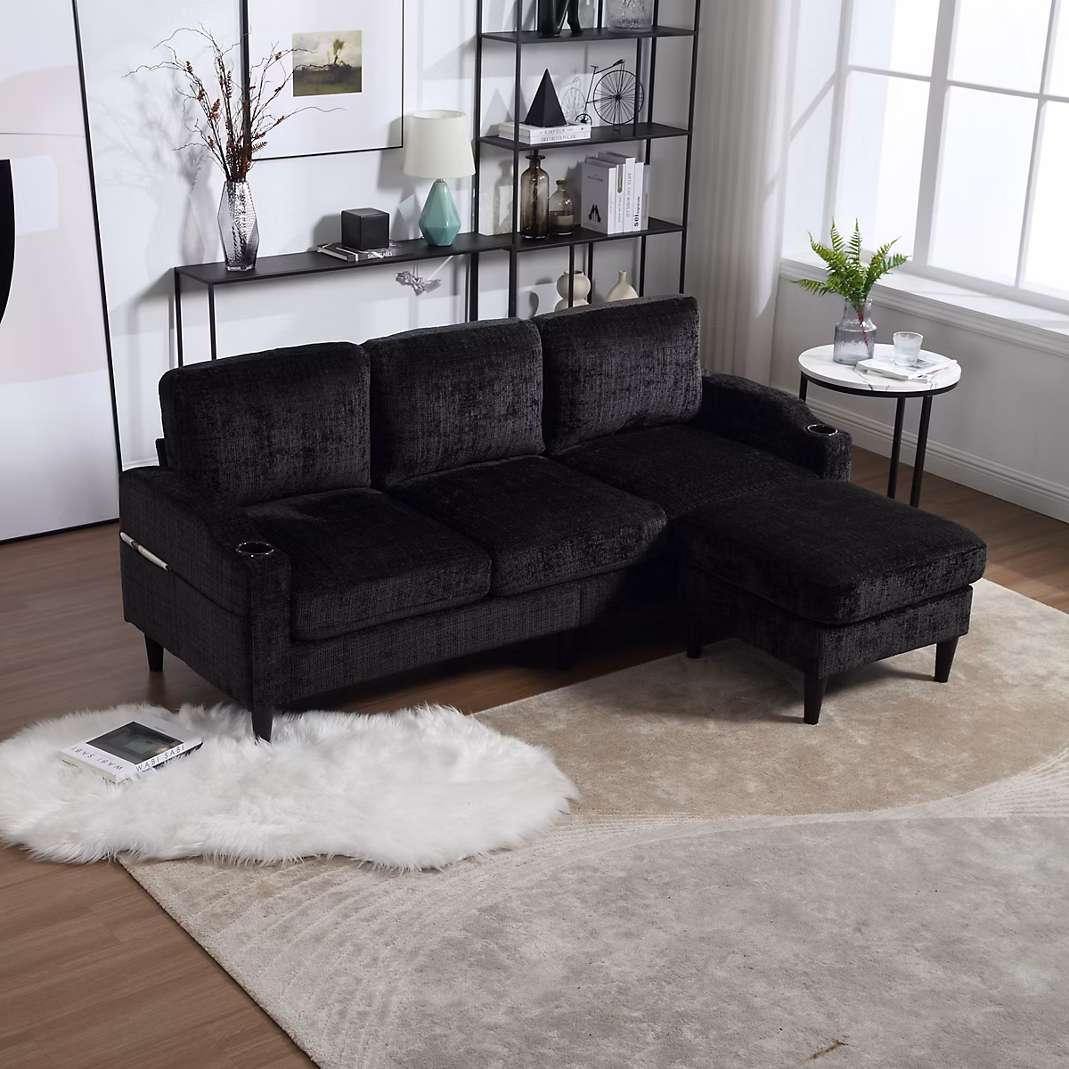 Canapé 4 places velours côtelé noir avec repose-pieds – rangement et accoudoirs confortables