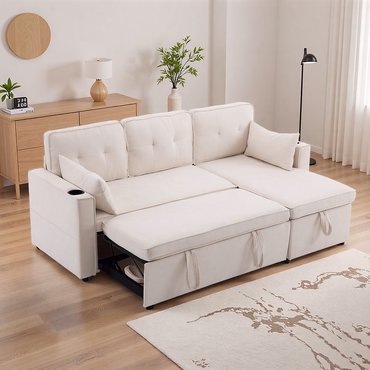 Canapé convertible 3 places avec porte-gobelet et rangement – canapé d'angle en L,canapé 3 places en lin et coton,beige