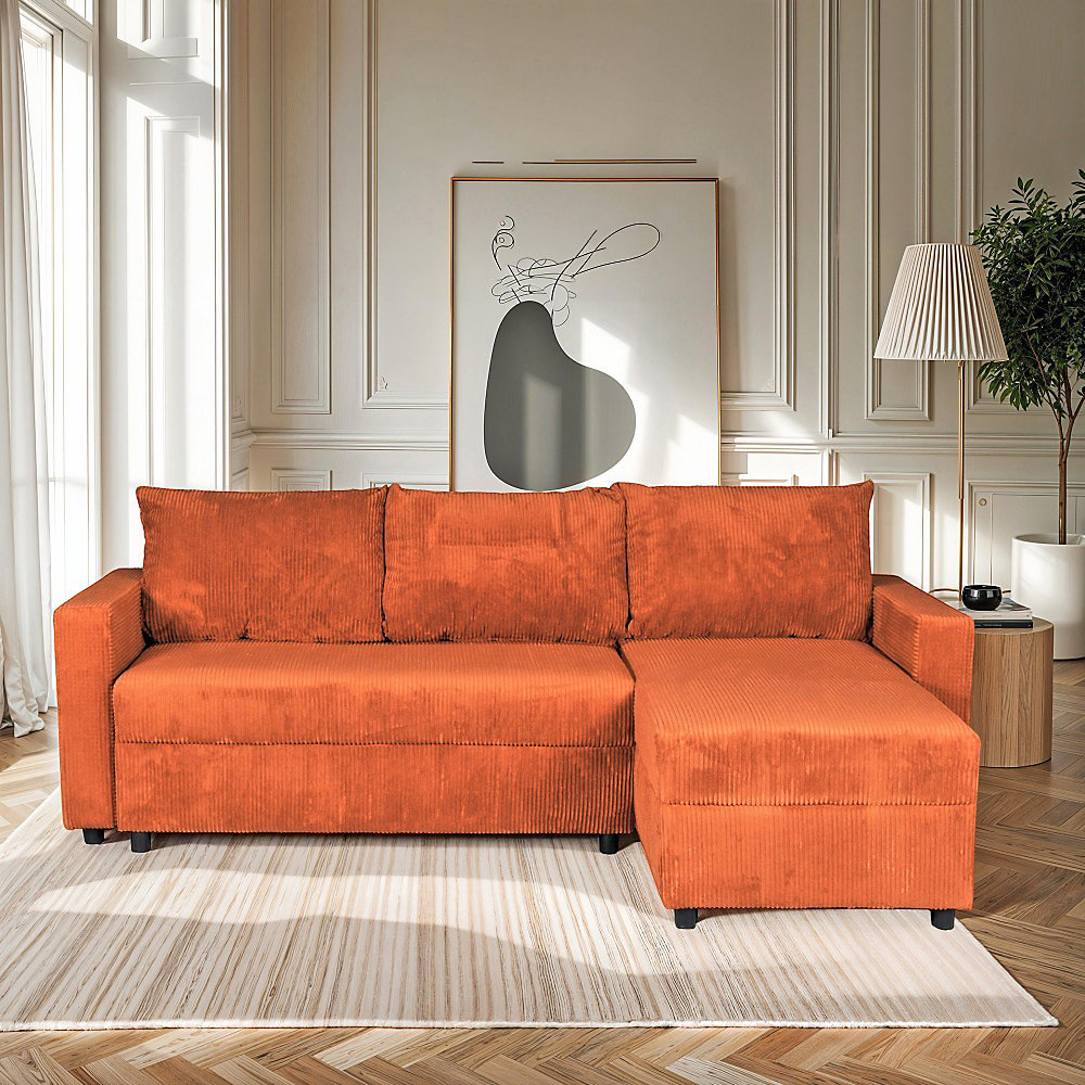 Canapé d'angle convertible et réversible avec coffre THEO en velours côtelé / Terracotta – Réf. IRHYRYWDB9567093797