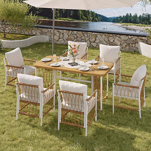 Ensemble de salle à manger de jardin 6 places – table manger en fer, 6 chaises en rotin, structure en fer galvanisé, Beige