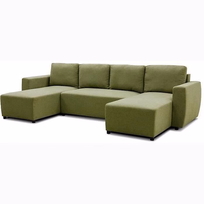Canapé d'angle convertible panoramique PHARELL 5/6 places – Tissu olive, Coffre de rangement, L297 x P155 x H71/85 cm