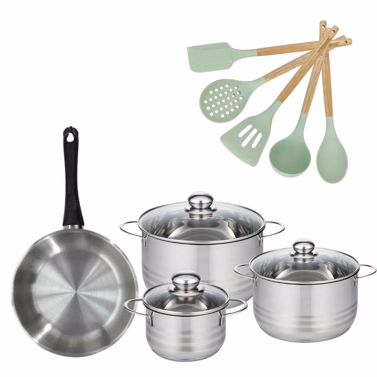 Batterie de cuisine avec 3 faitouts 16/20/24 cm et 1 poêle 24 cm avec 5 ustensiles de cuisine Fackelmann Généva Brillant Ocean – Réf. UIRTKKLLQ7803496837