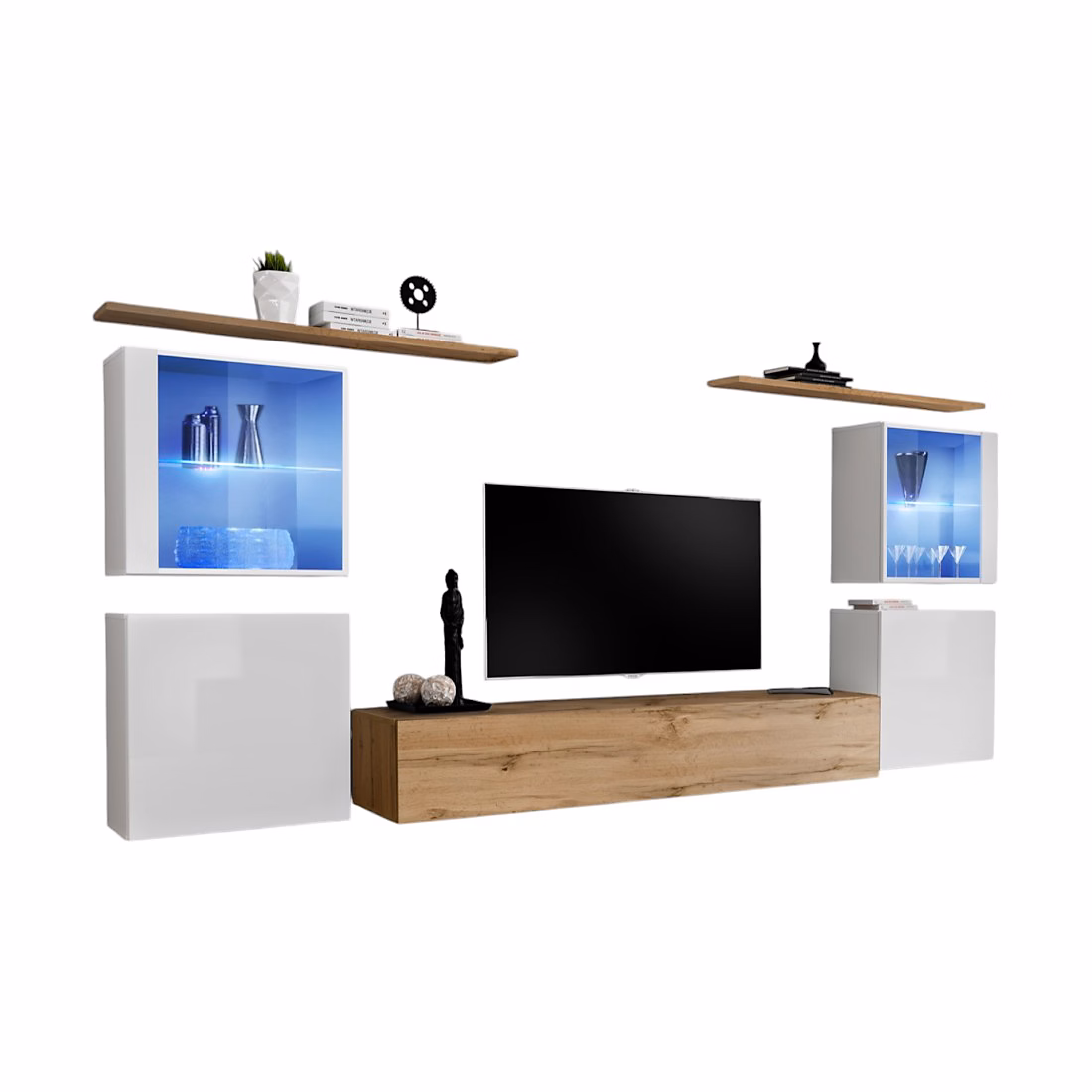 Meuble de salon – Composition murale SWITCH XIV meuble TV suspendu chene Wotan et blanc brillant avec LED