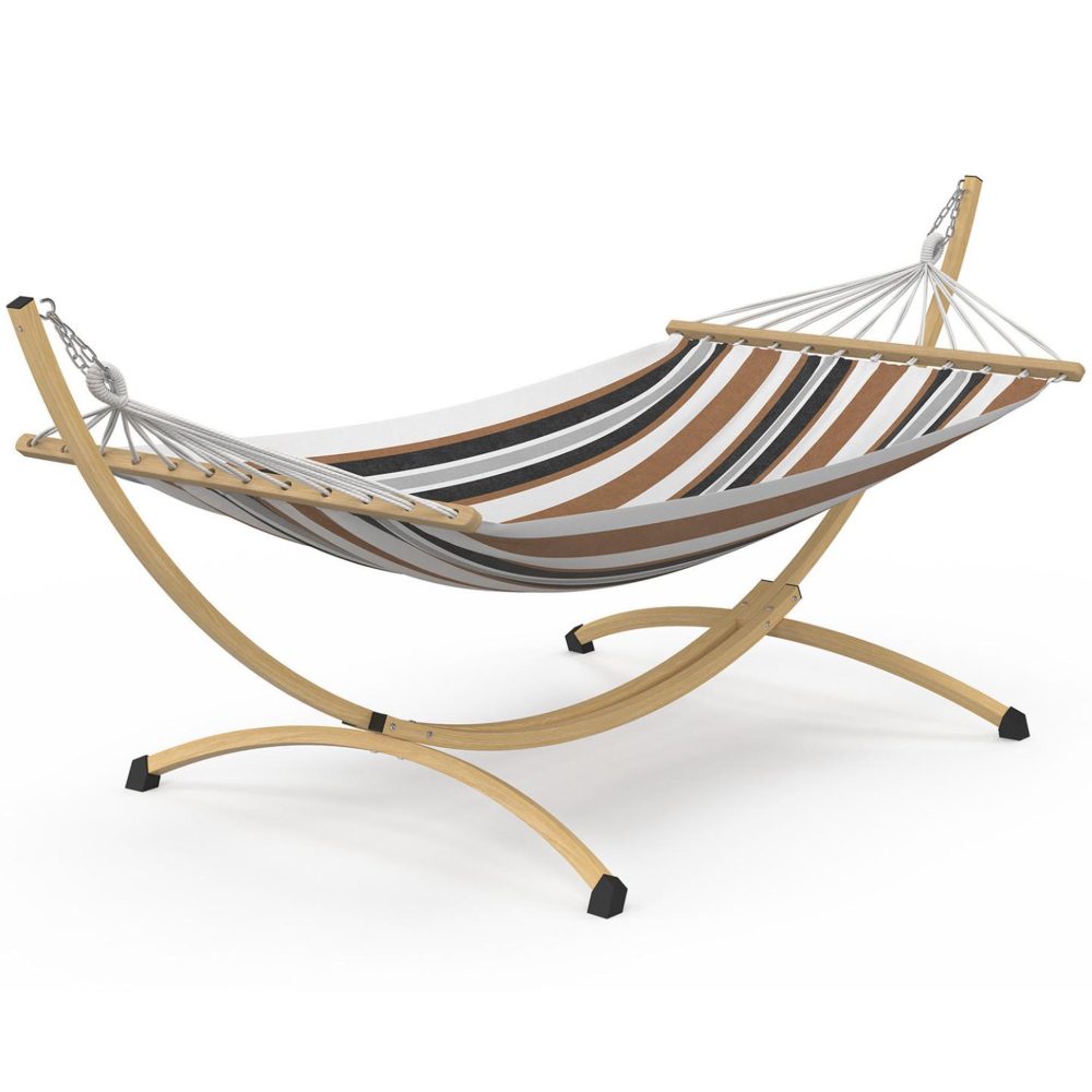ID MARKET Hamac xl avec support métal effet bois et toile rayée noire, blanche et chocolat