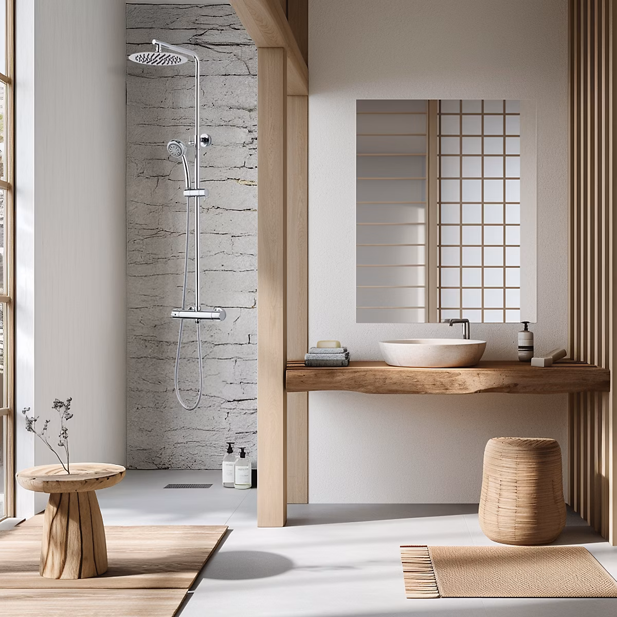 Colonne de douche thermostatique avec pomme de tête – douchette et flexible, chrome, Valentin Essentialis
