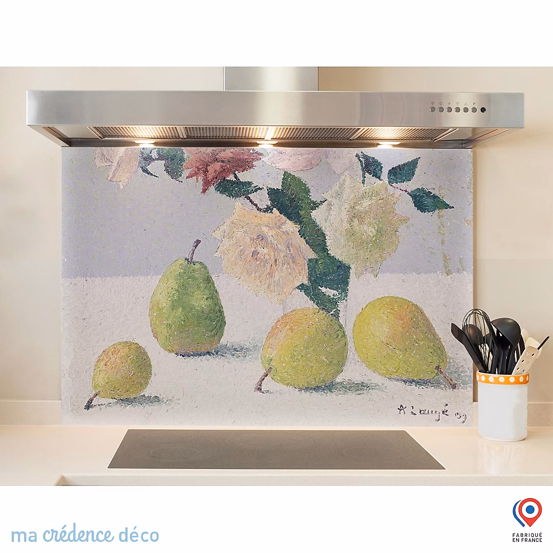 Crédence cuisine fond de hotte Achille Laugé – fleurs et poires, Verre trempé, L 90 cm x H 50 cm, MaCrédenceDéco
