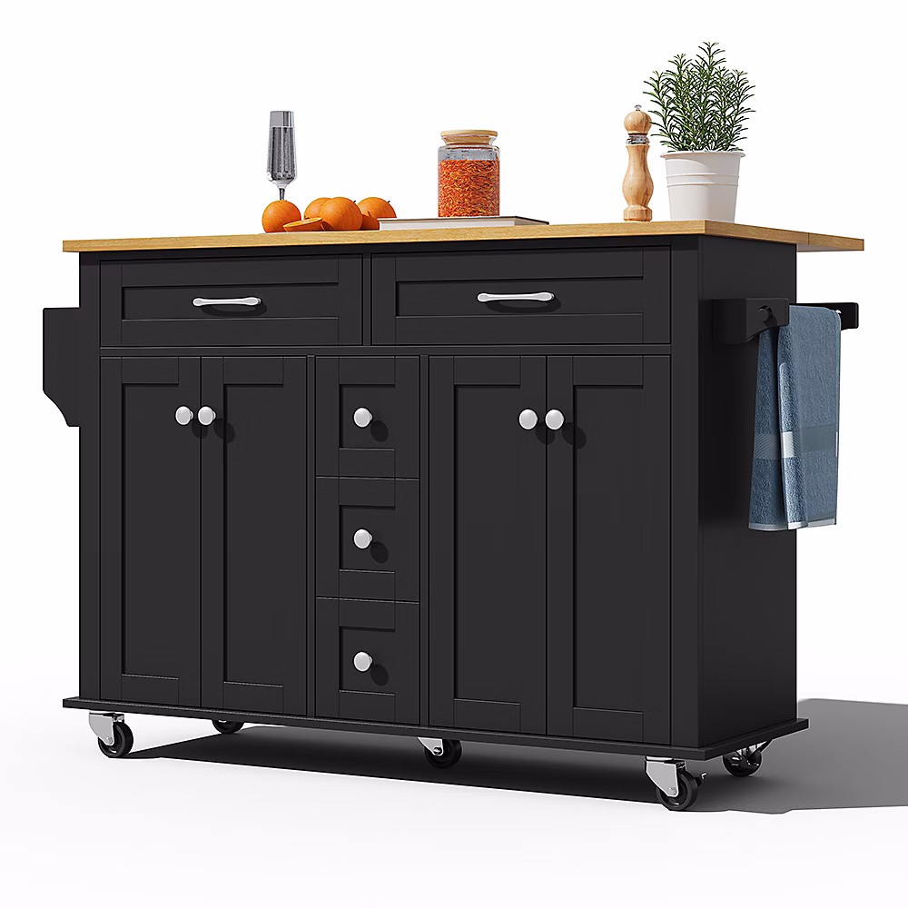 Chariot cuisine 120 × 65cm extensible – 5 tiroirs, porte-épices/serviettes, roulettes, îlot multifonction