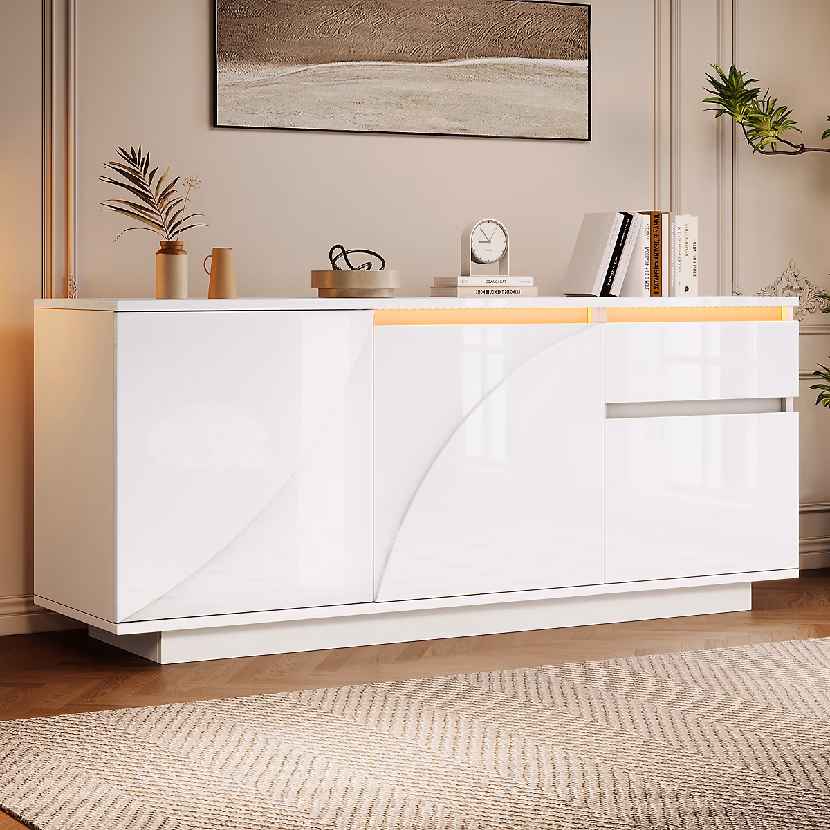 Buffet Moderne 140 cm avec LED Intégré – 3 Portes, 1 Tiroir et Étagères Réglables, Meuble Contemporain en MDF, Blanc, 140 × 40 × 60 cm