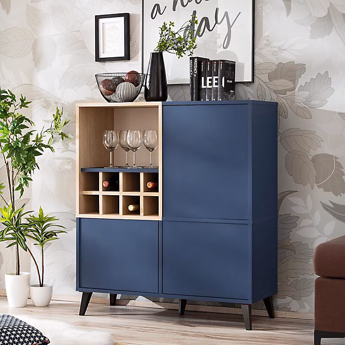 Buffet Bas Komodee FONDI – Avec Casier a Vin, Bleu, Bois Clair, 90 × 35 × 102 cm