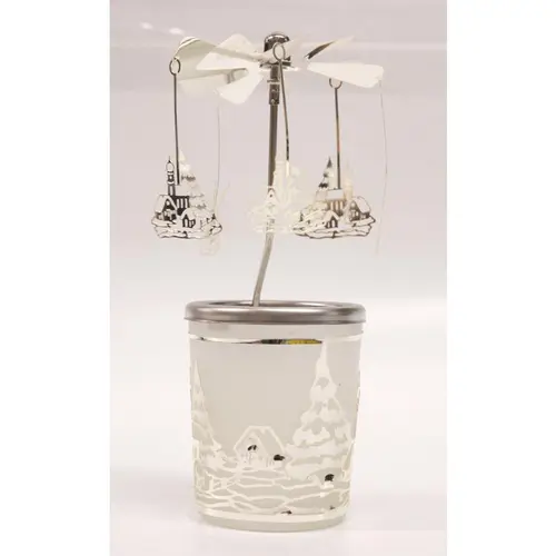 Pour un jardin accueillant:Carrousel photophore en métal argenté avec villages d’hiver - H 12 cm