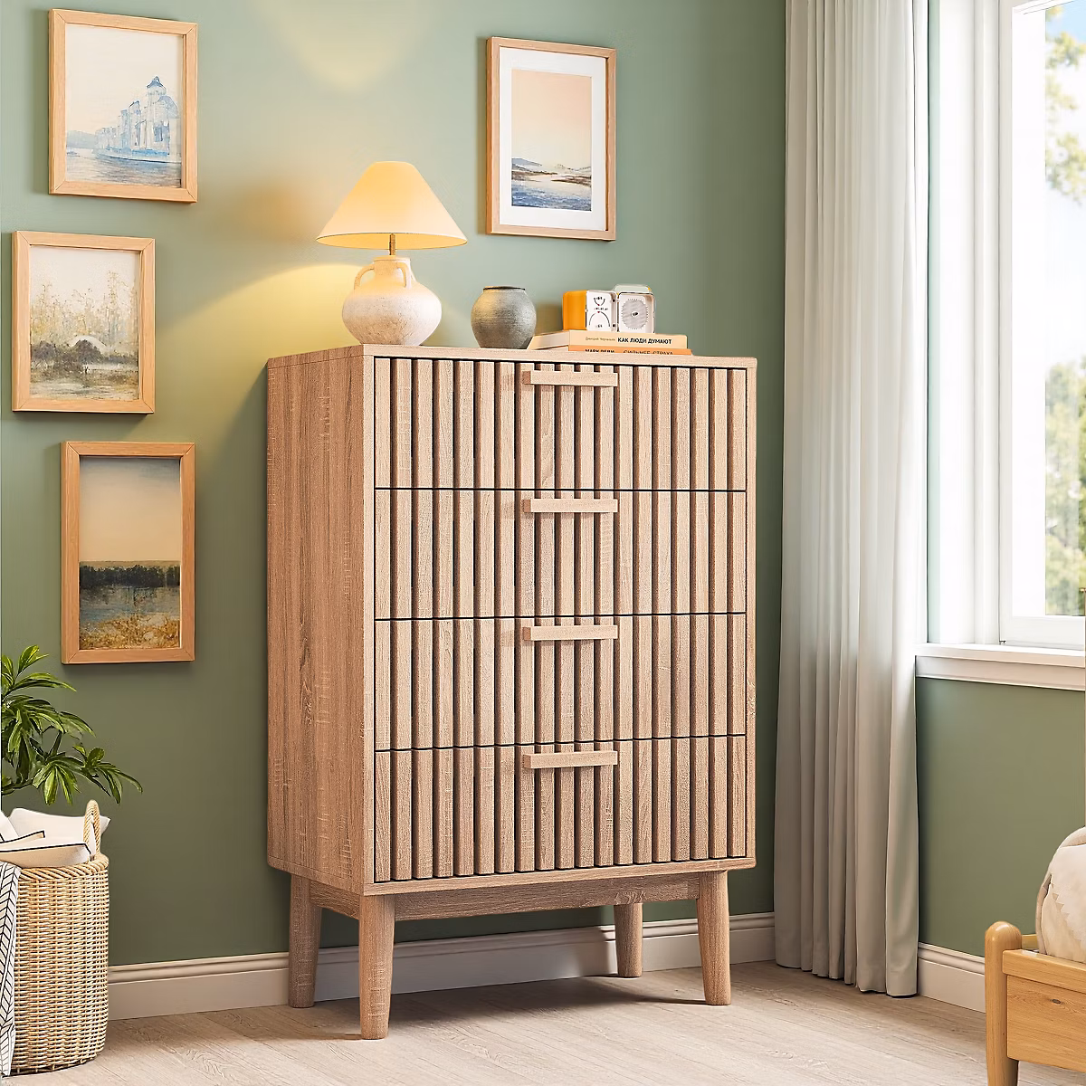 Commode en bois naturel avec 4 tiroirs | design à rainures verticales – grande capacité de rangement – robuste et stable