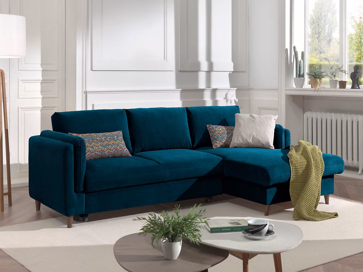 Brooke – canapé d'angle droit, convertible avec coffre, 4 places, en velours, Lisa Design