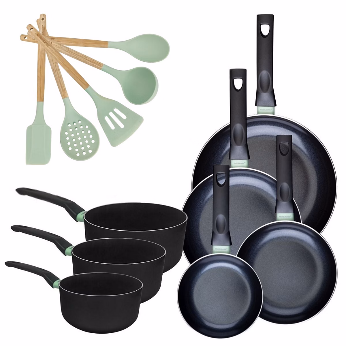 Matériel de cuisson – Batterie de cuisine avec 4 poêles 16/20/24/28 cm et 3 casseroles 16/18/20 cm et 5 ustensiles de cuisine Fackelmann Brandao Océan