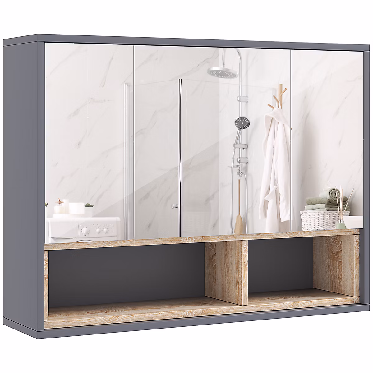 Armoire miroir de salle de bain – 3 portes, 3 étagères, 2 niches, dim. 80 × 20 × 60 cm, gris effet bois clair naturel